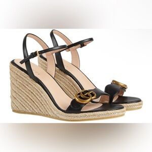 Gucci Double G 95mm Platform Espadrille Black Leather Sandals Lifford 646311